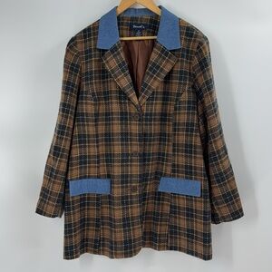 Denim and Company wool blend plaid blazer jacket blue jean trim preppy fall